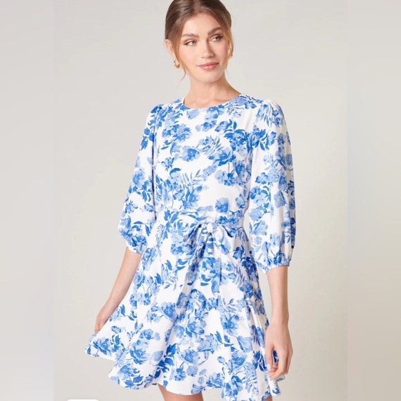 SUGARLIPS Antoinette Blue Floral Balloon Sleeve Derby Dress SIZE MED - Picture 8 of 14